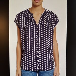 Pleione Blue and pink Relaxed Blouse with Notched Collar